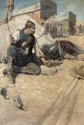 NC Wyeth Sitting up Cross-legged with each hand holding a gun from which came thin wisps of smoke oil painting